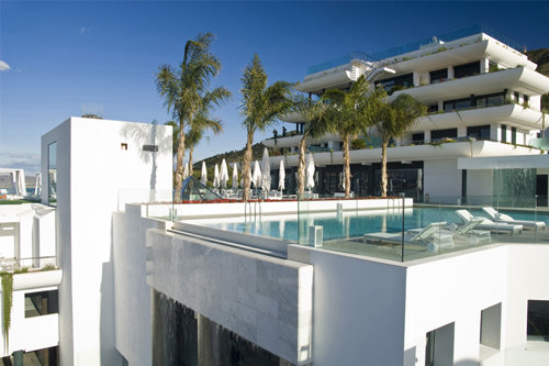 a pool situated on top of a building