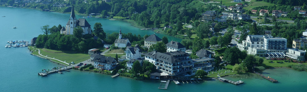 a small island having a few buildings